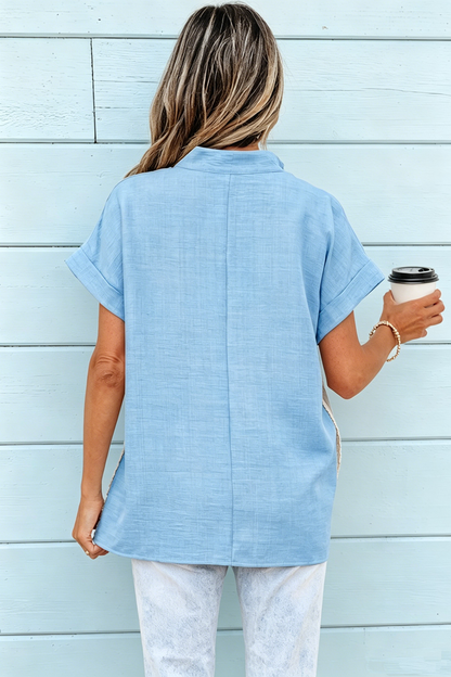 Beau Blue Crochet Lace Accent Pullover Rolled Short Sleeve Blouse