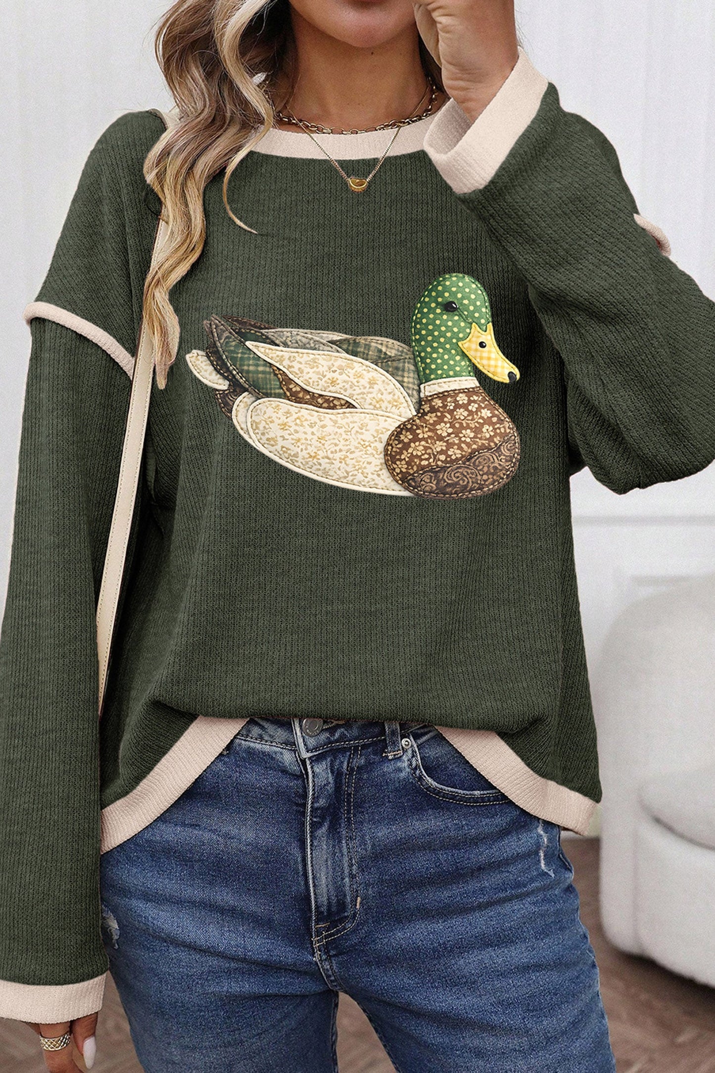 Four Leaf Clover Mallard Duck Graphic Contrast Trim Patchwork Casual Knit Top