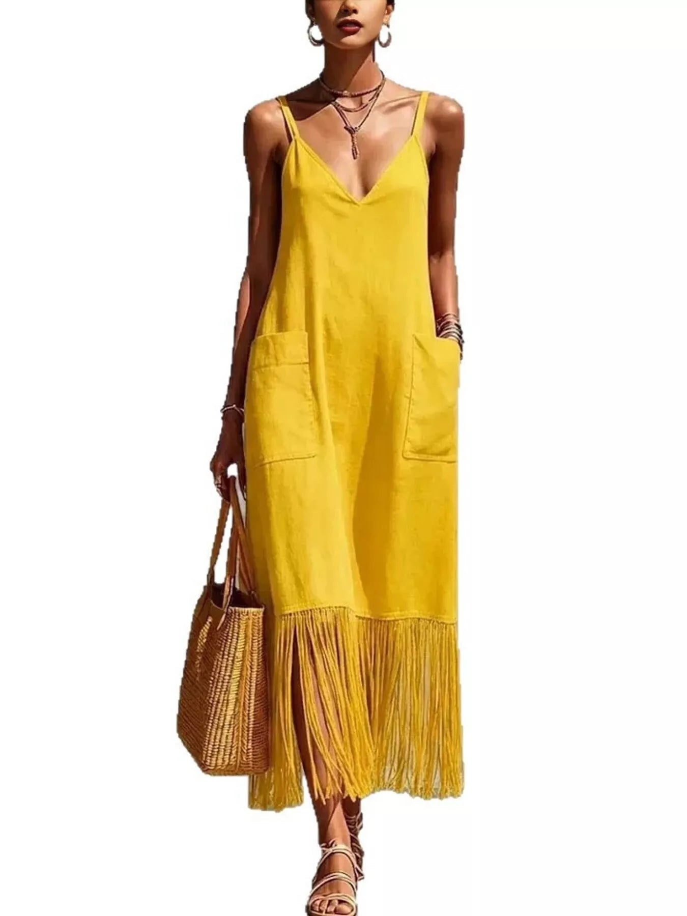Full Size Fringe Spaghetti Strap V-Neck Dress Plus Size
