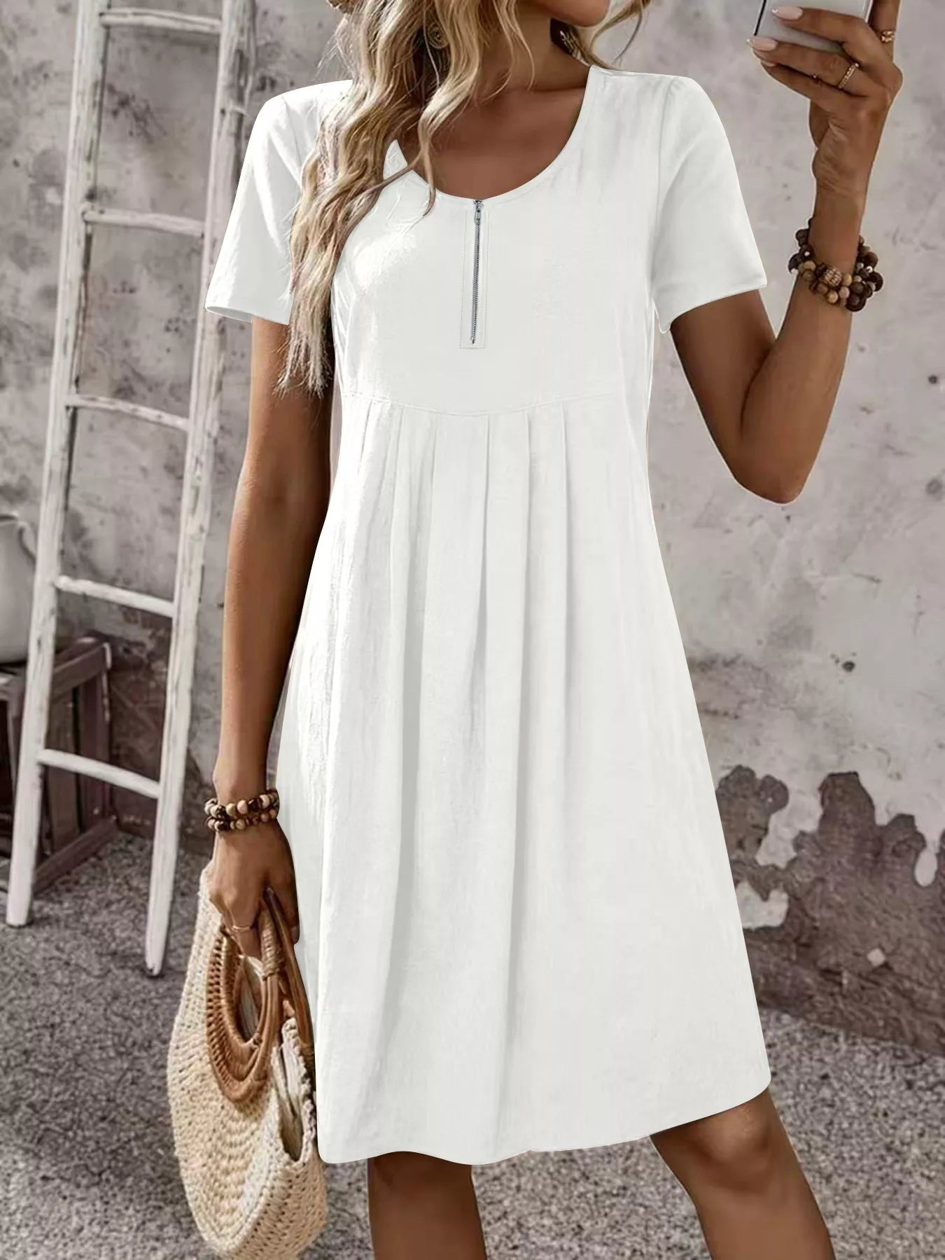 Zipper-Front Short Sleeve A-Line Dress