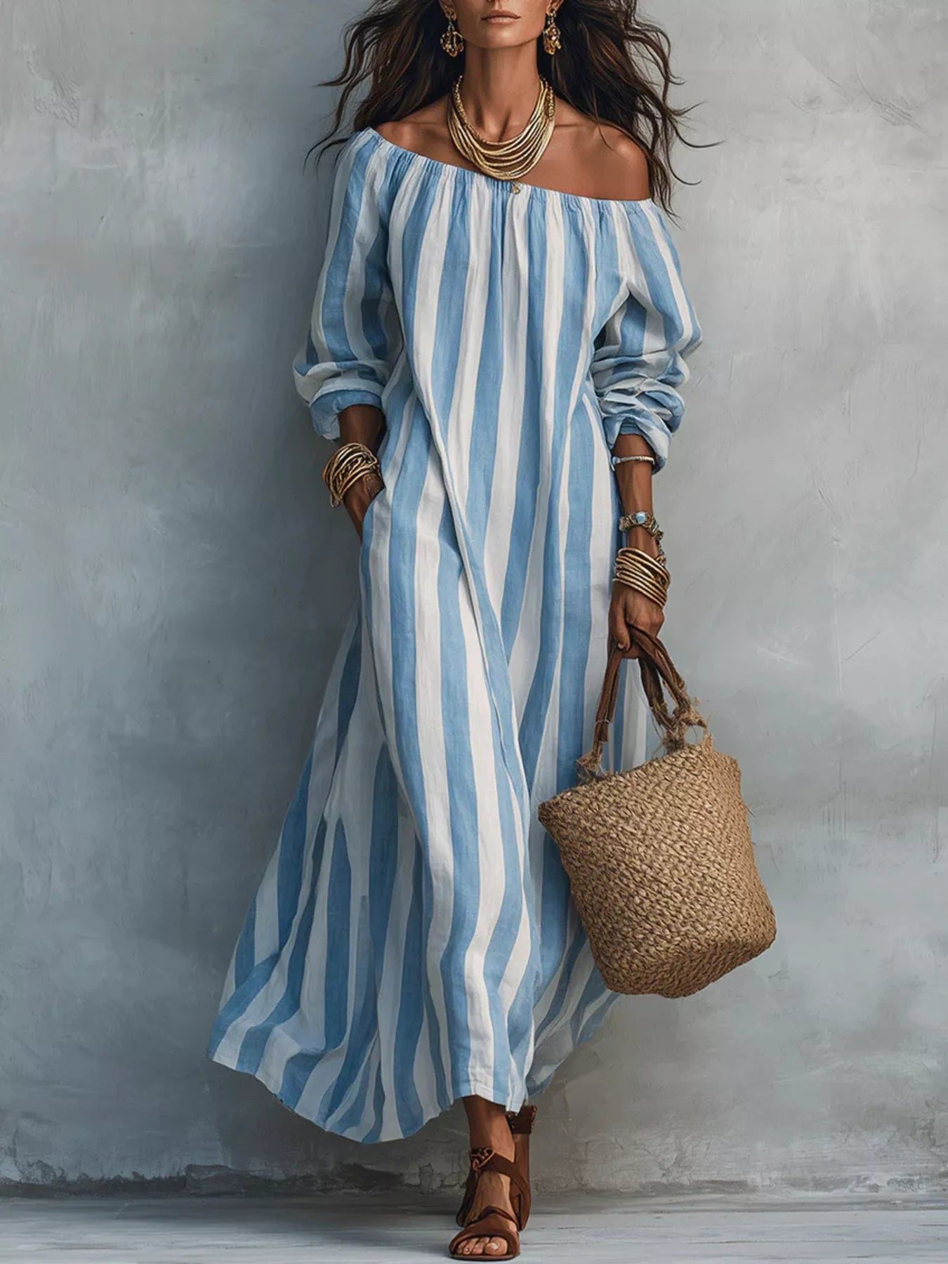 Off-Shoulder Striped Dress with Pockets