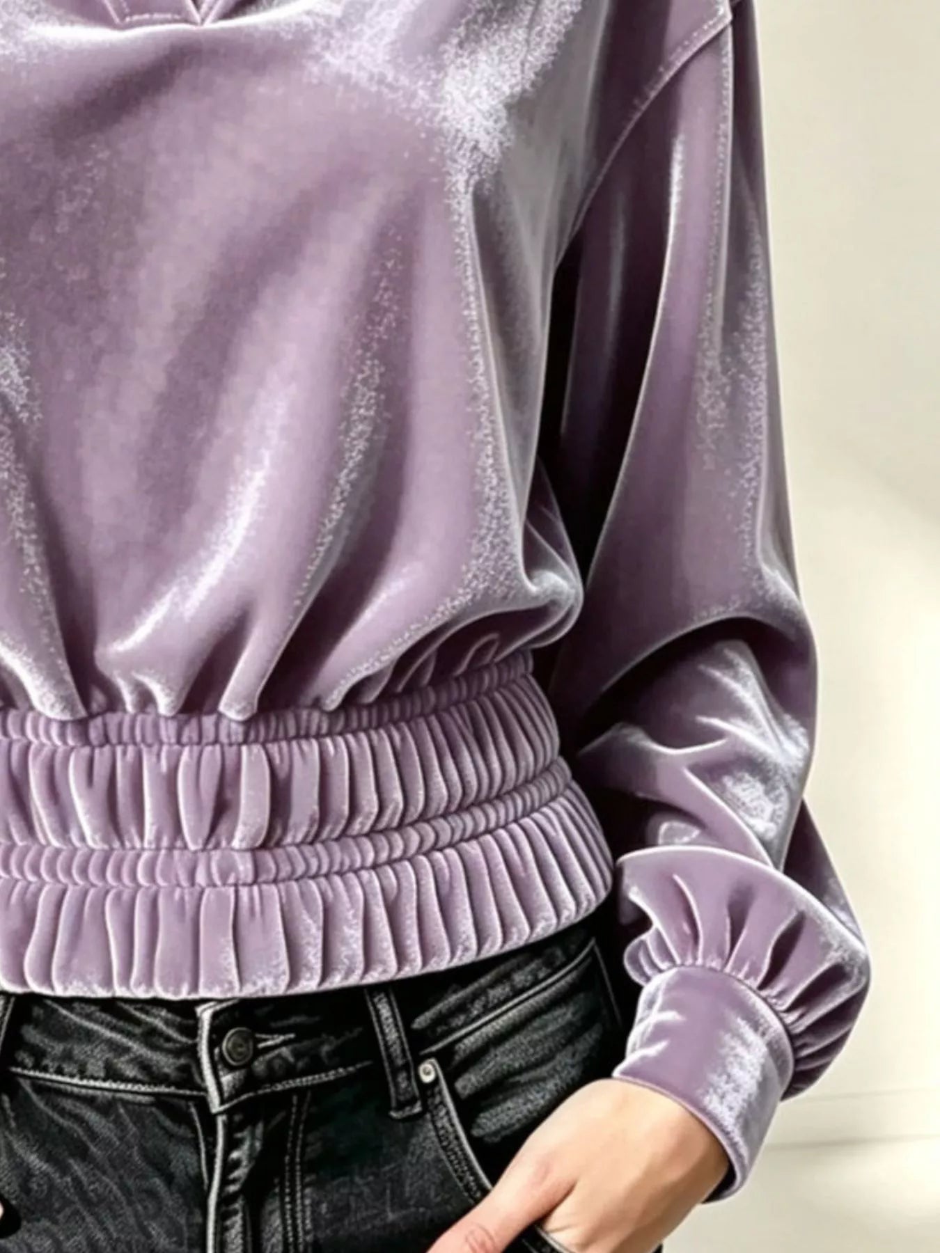 Velvet Johnny Collar Long Sleeve Blouse