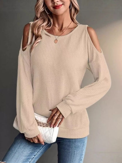 Solid Color Cold Shoulder Long Sleeve T-Shirt