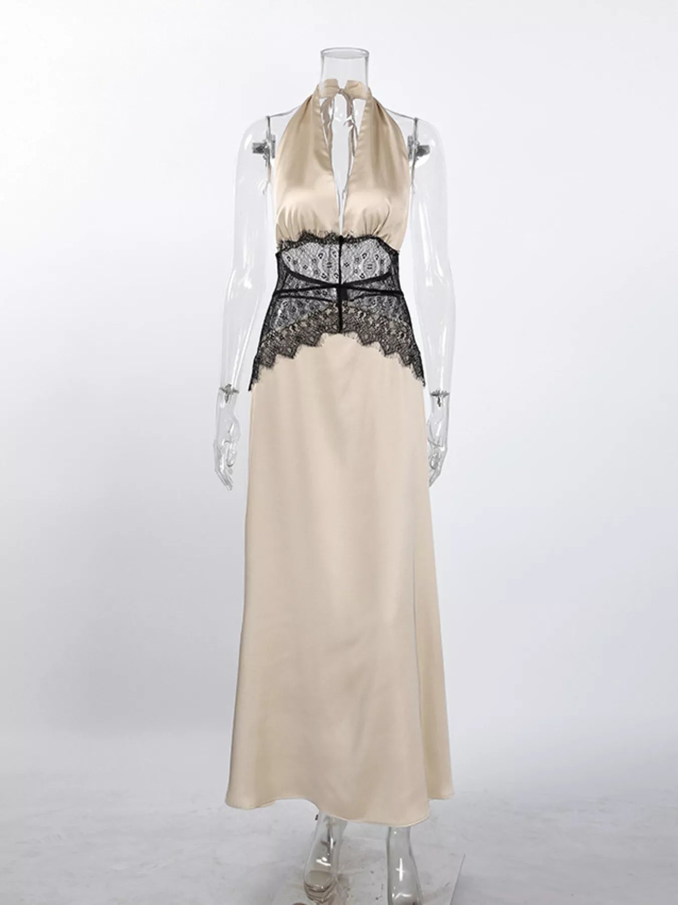 Halter Neck Lace Waist Maxi Dress