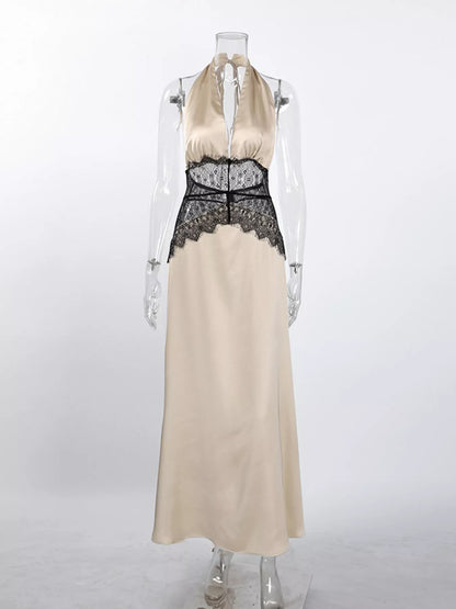 Halter Neck Lace Waist Maxi Dress