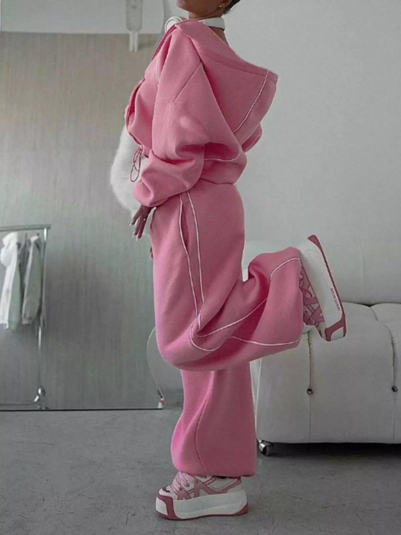 Cropped Zip-Up Hoodie and Wide-Leg Sweatpants Lounge Set