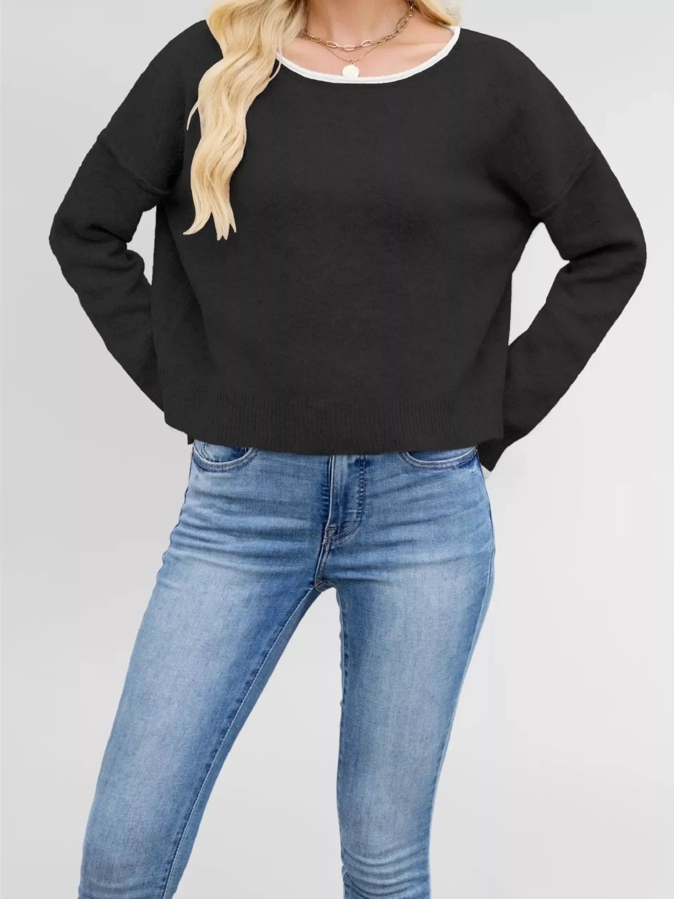 Contrast Trim Dropped Shoulder Sweater