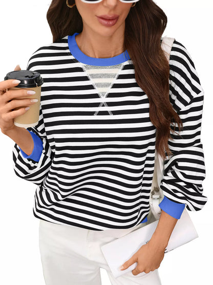 Contrast Trim Striped Crew Neck Sweatshirt
