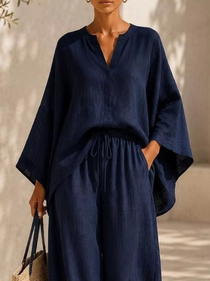 Full Size Notched Long Sleeve Top and Wide-Leg Pants Set Plus Size