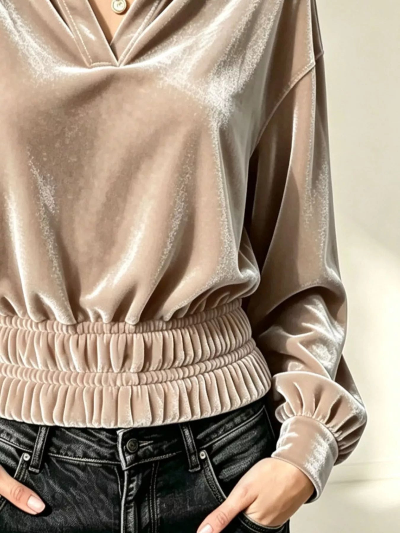 Velvet Johnny Collar Long Sleeve Blouse