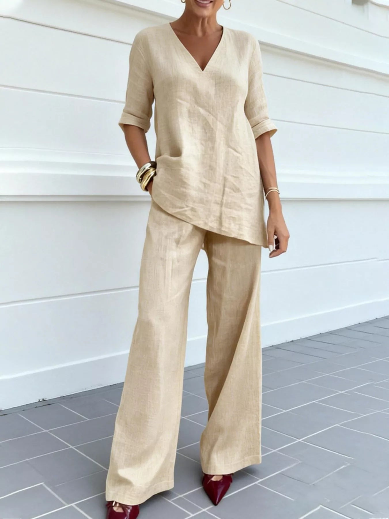 Full Size V-Neck Half Sleeve Top and Pants Set Plus Size