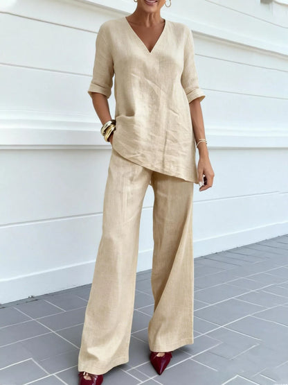 Full Size V-Neck Half Sleeve Top and Pants Set Plus Size