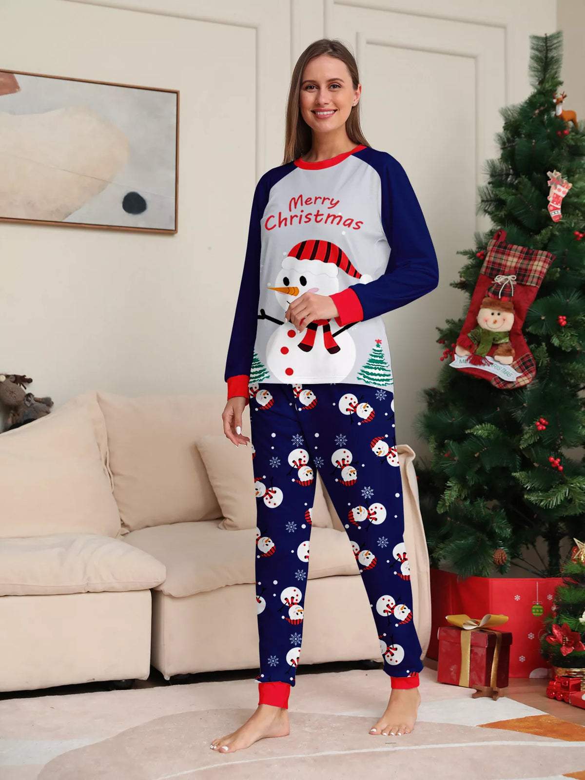 Full Size Family Matching Christmas Snowman Print Pajama Set Plus Size