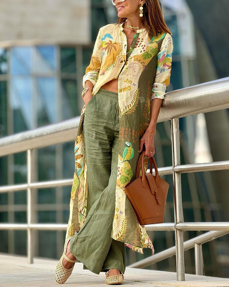 Casual long printed shirt and cotton and linen trousers two-piece set