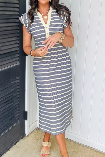 Stripe Ruffled Short Sleeve Contrast Trim Button Notched Neck Midi Dress