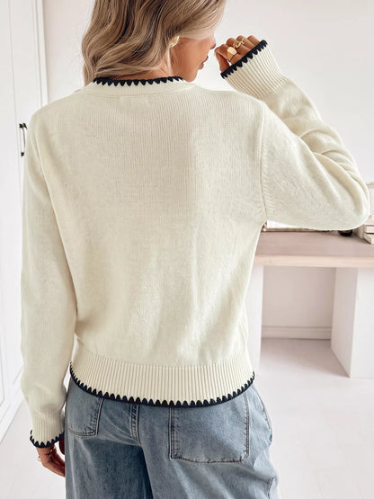 Contrast Trim V-Neck Button-Down Cardigan