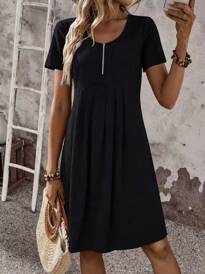 Zipper-Front Short Sleeve A-Line Dress