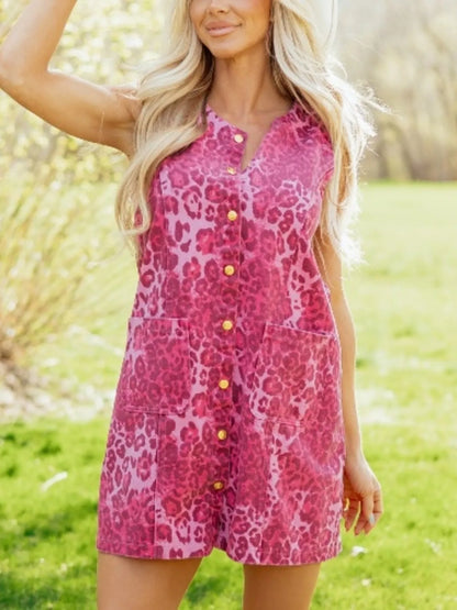 Leopard Denim Buttoned Shift Sleeveless Dress