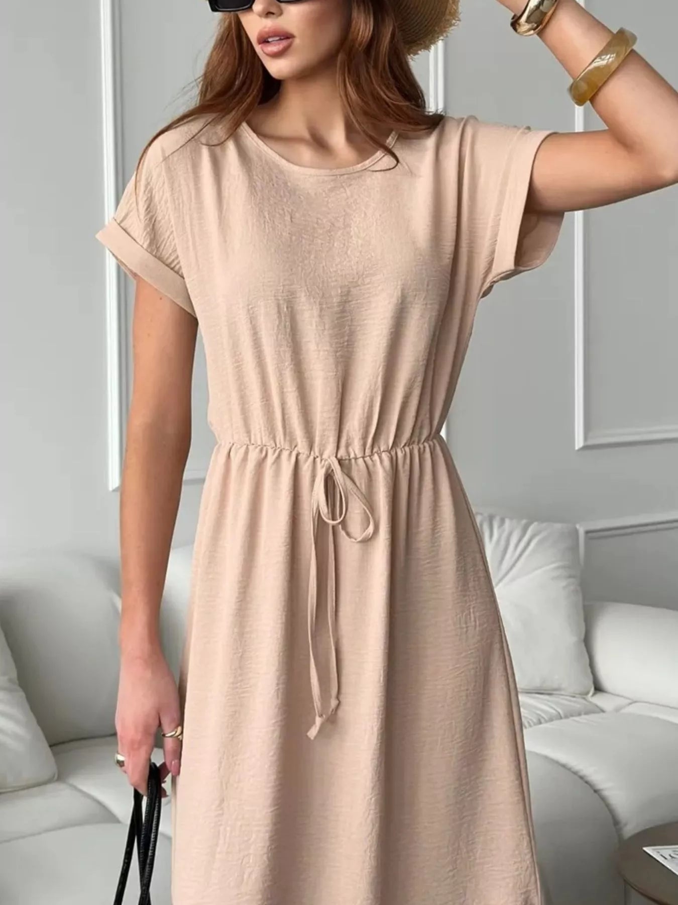 Casual Drawstring Waist Midi Dress