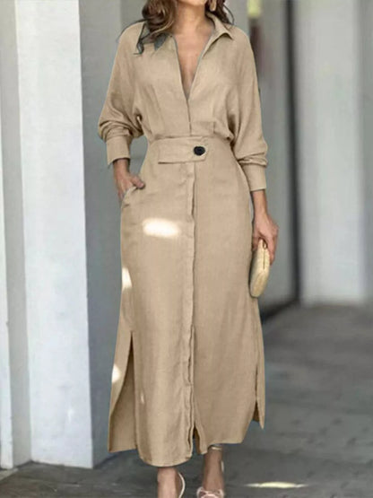 Side Slit Long Sleeve Shirt Dress
