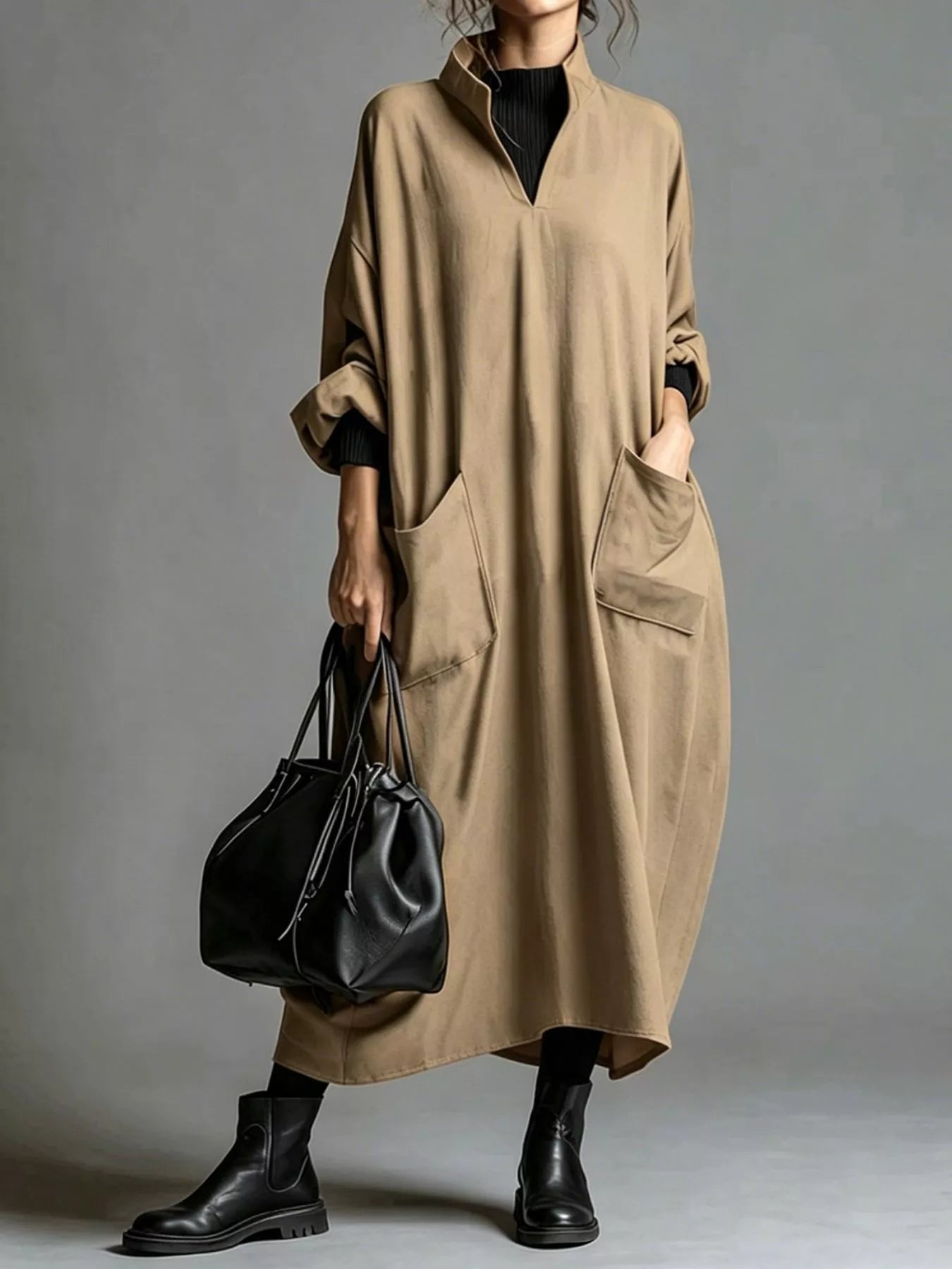 Full Size Loose-Fit Mock Neck Midi Dress with Pockets Plus Size