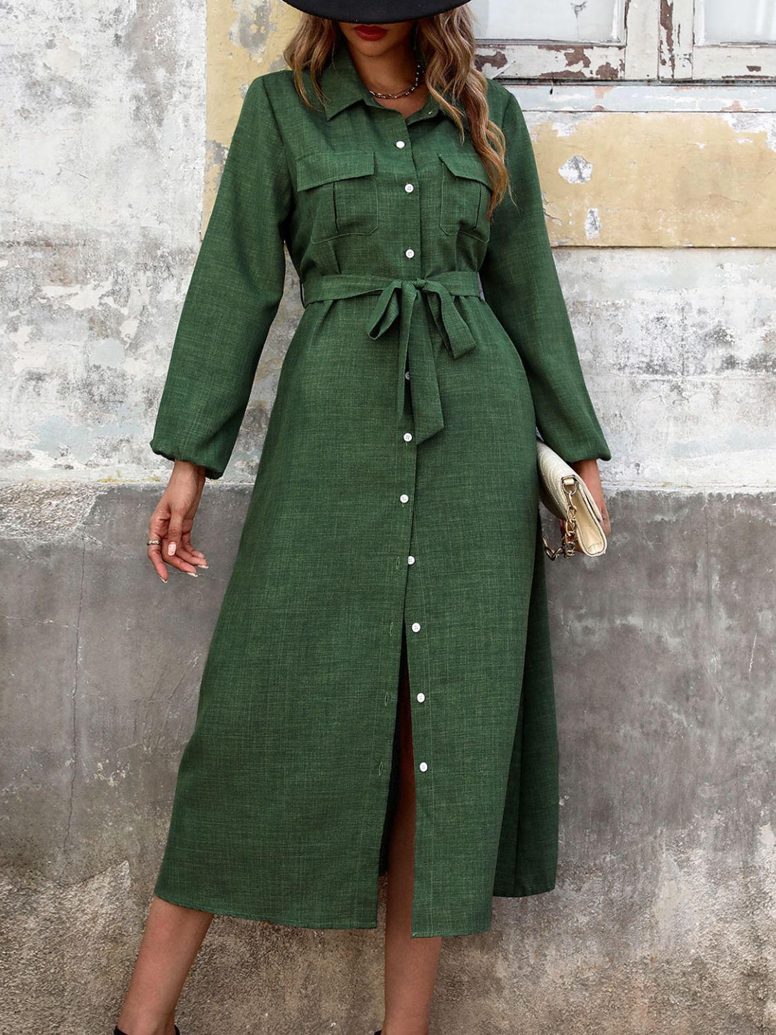 Blue Zone Planet | Collared Neck Long Sleeve Midi Shirt Dress