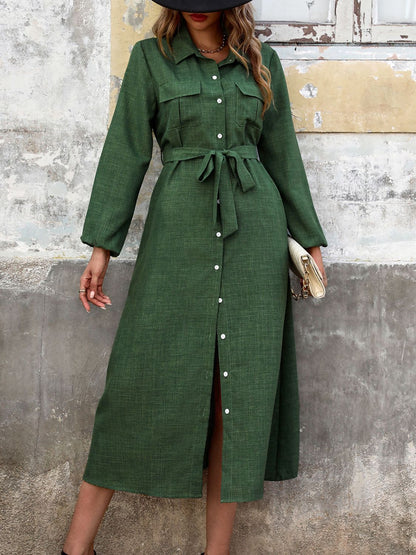 Blue Zone Planet | Collared Neck Long Sleeve Midi Shirt Dress