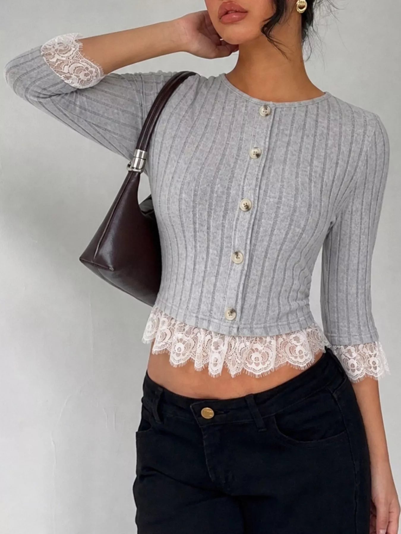 Lace Hem Ribbed Knit Button-Down Top