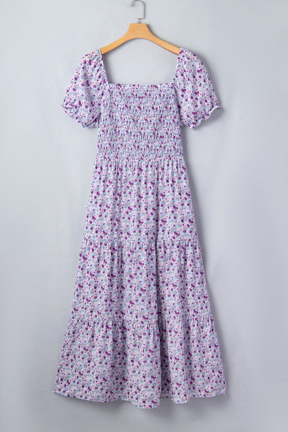 Purple Plus Size Floral Print Square Neck Smocked Maxi Dress