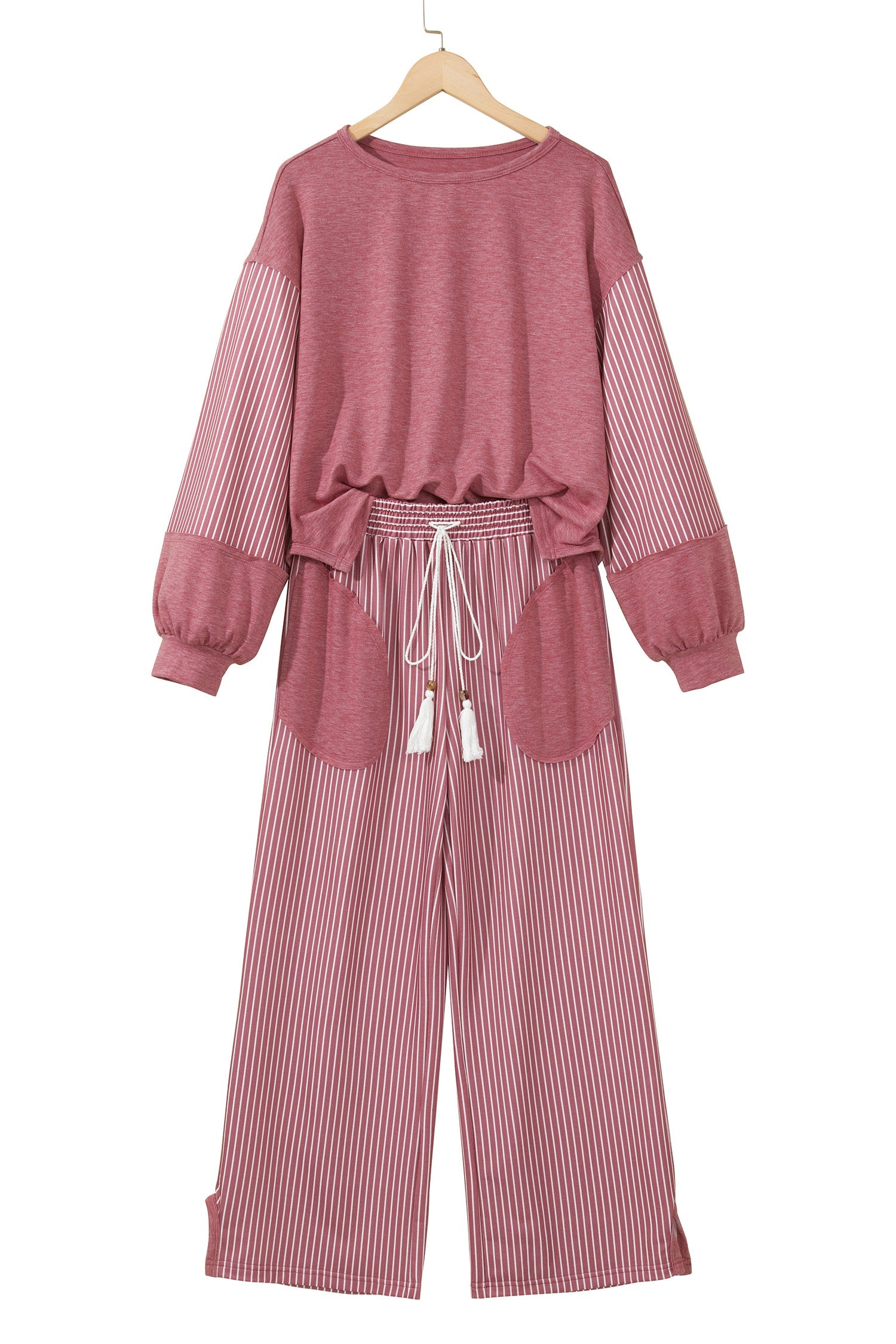 Fushia Raw Seam Patchwork Long Sleeve Top Pocket Casual Pants 2pcs Set