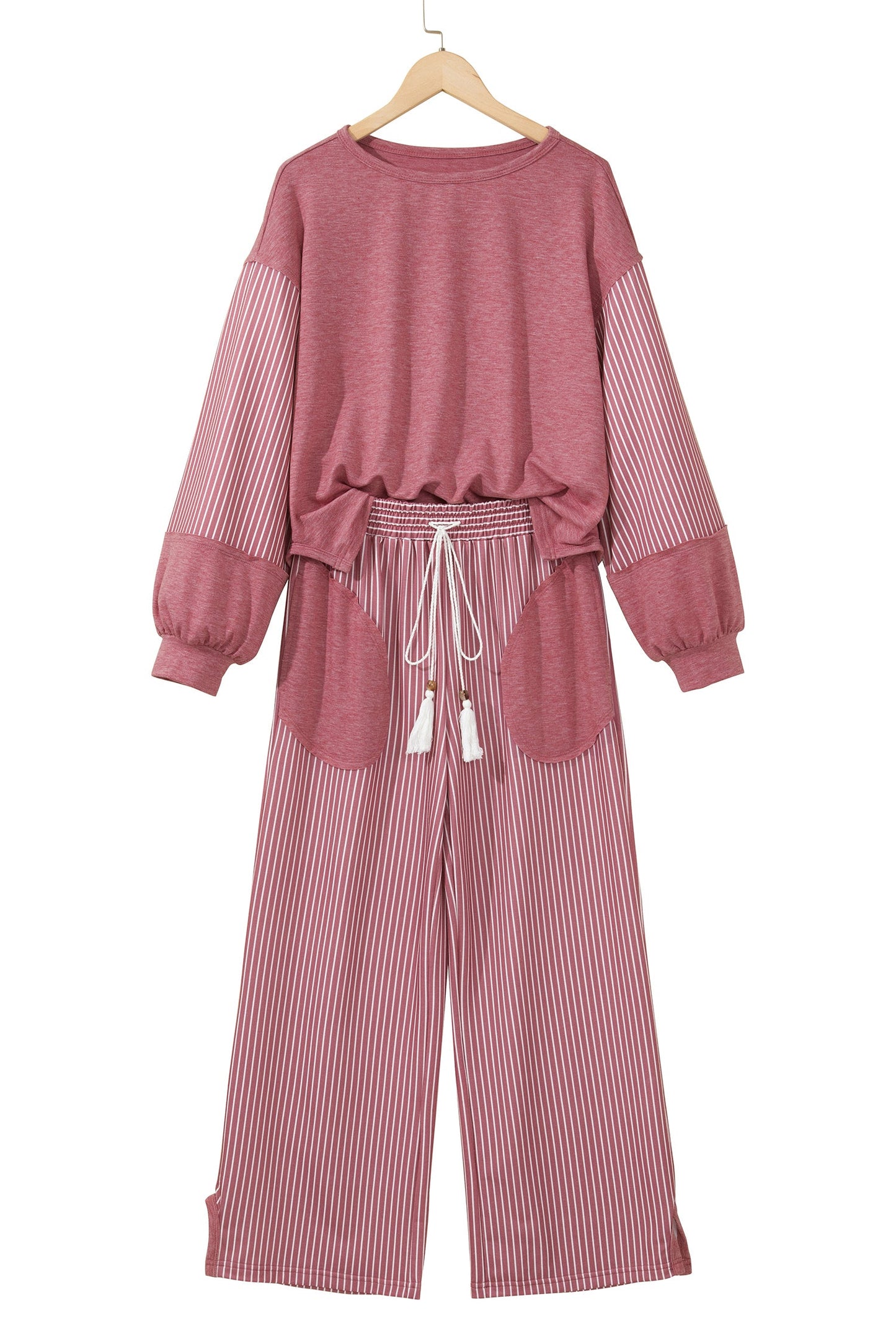 Fushia Raw Seam Patchwork Long Sleeve Top Pocket Casual Pants 2pcs Set
