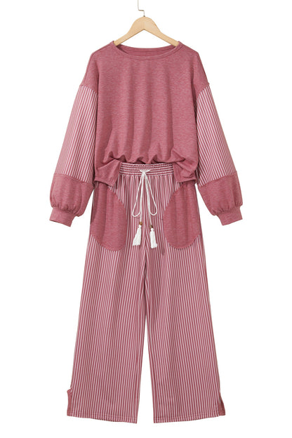 Fushia Raw Seam Patchwork Long Sleeve Top Pocket Casual Pants 2pcs Set