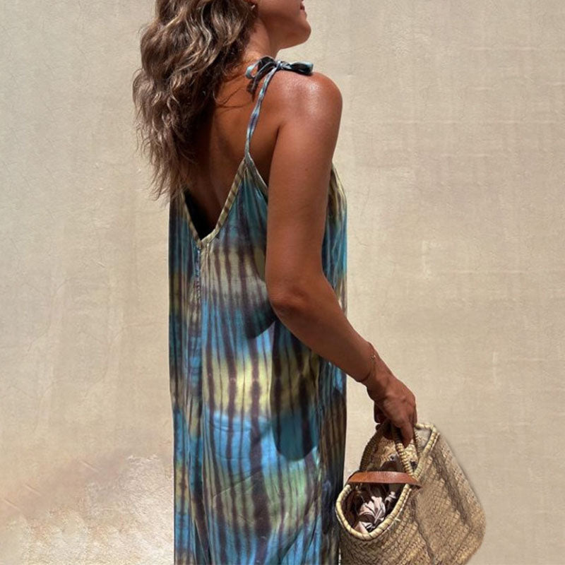 Summer V-neck printed loose tie jumpsuit