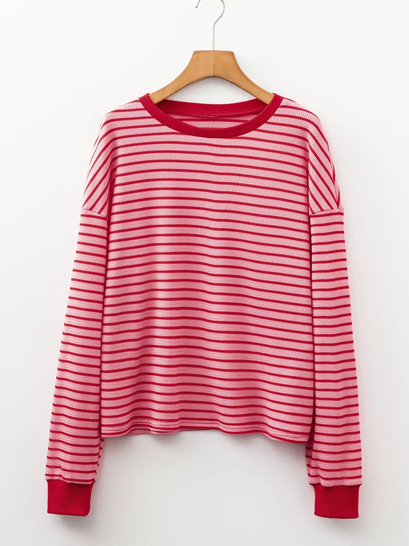 Stripe Textured Round Neck Drop Shoulder Long Sleeve T Shirt