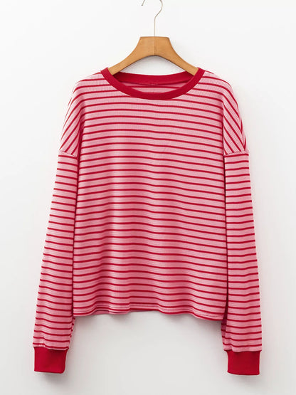 Stripe Textured Round Neck Drop Shoulder Long Sleeve T Shirt