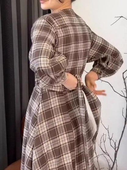 Vintage Plaid Puff Sleeve Midi Dress
