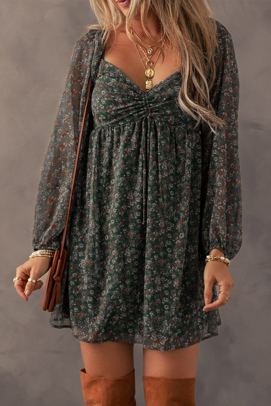 Blue Zone Planet | Ruched Printed Long Sleeve Mini Dress