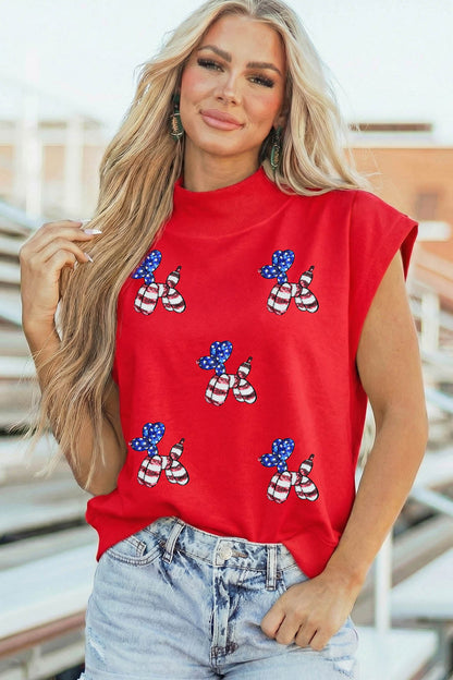 Racing Red Sequin American Flag Balloon Dog High Neck Short Sleeve Top