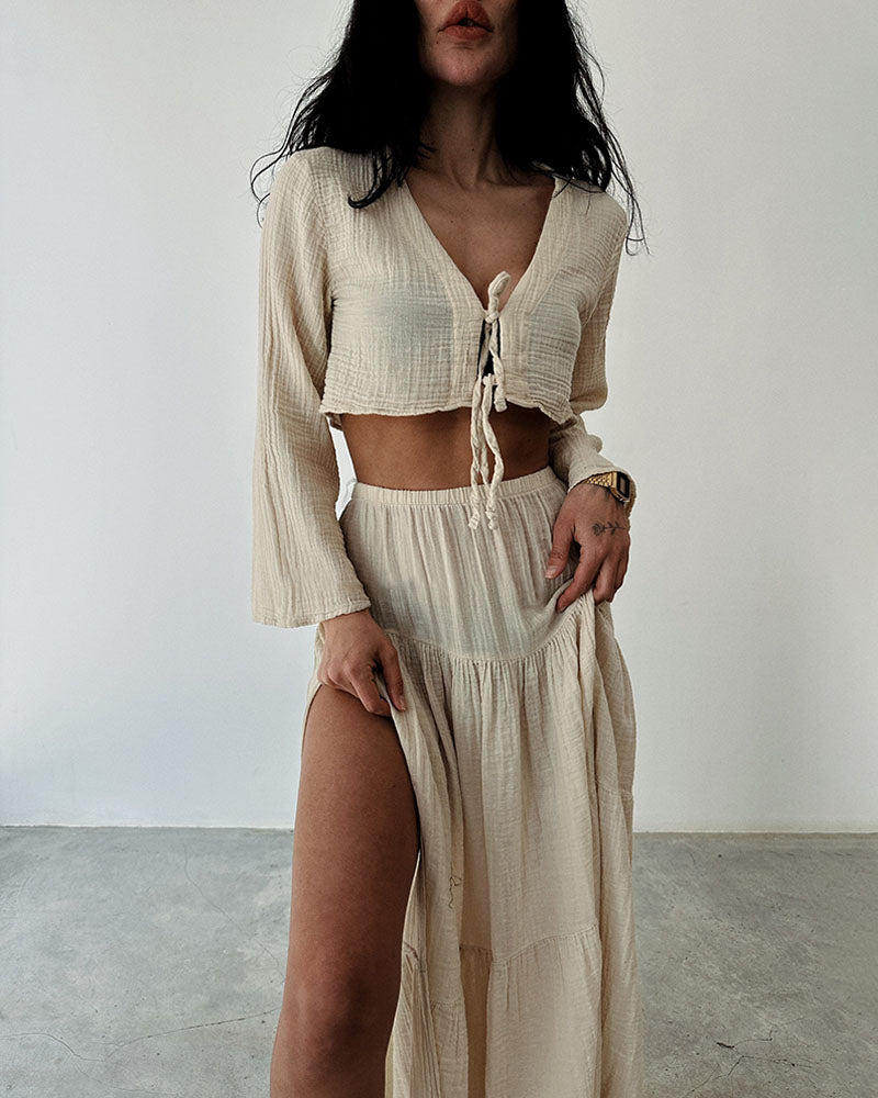 Fashionable lace-up slit cotton and linen two-piece set