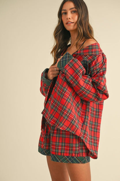 Blue Zone Planet | Annie Wear Contrast Plaid Long Sleeve Top And Shorts Pajama Set