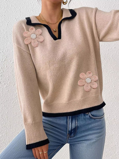 Flower Contrast Trim Dropped Shoulder Sweater