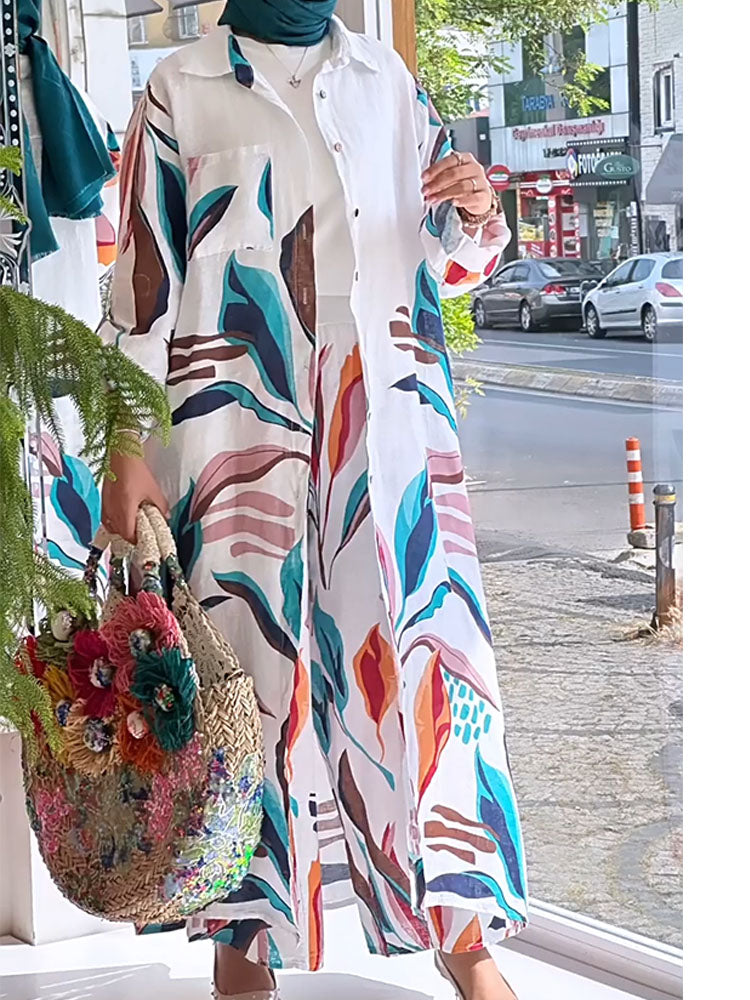 Casual Floral Printing Long Cardigan Wide-leg Trouser Suit