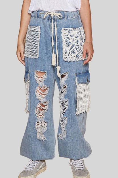 Blue Zone Planet | Pol Crochet Patch Distressed Washed Jeans