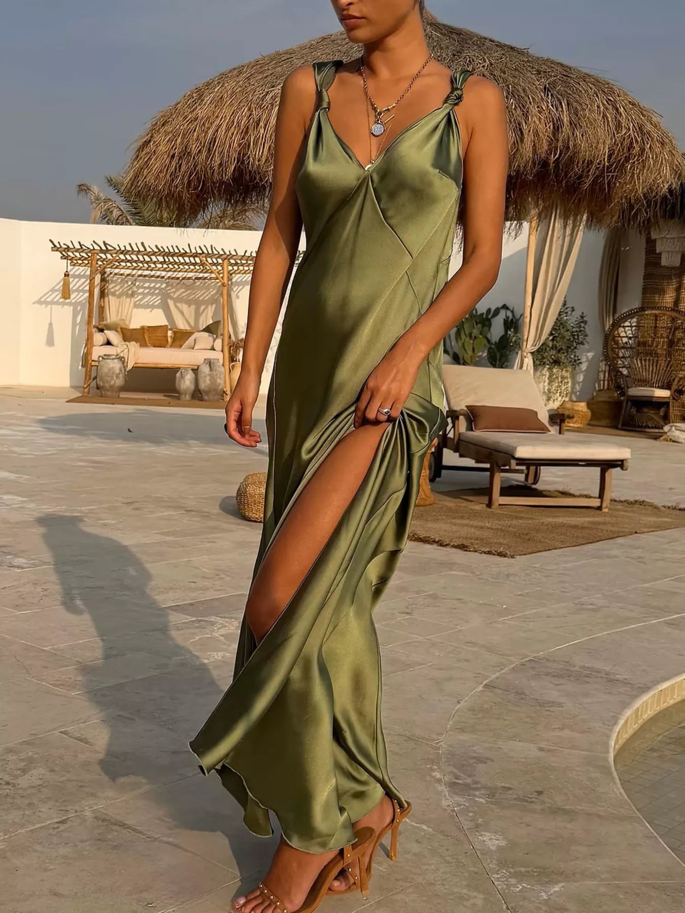 Sally's Satin V-Neck Slit Maxi Dress