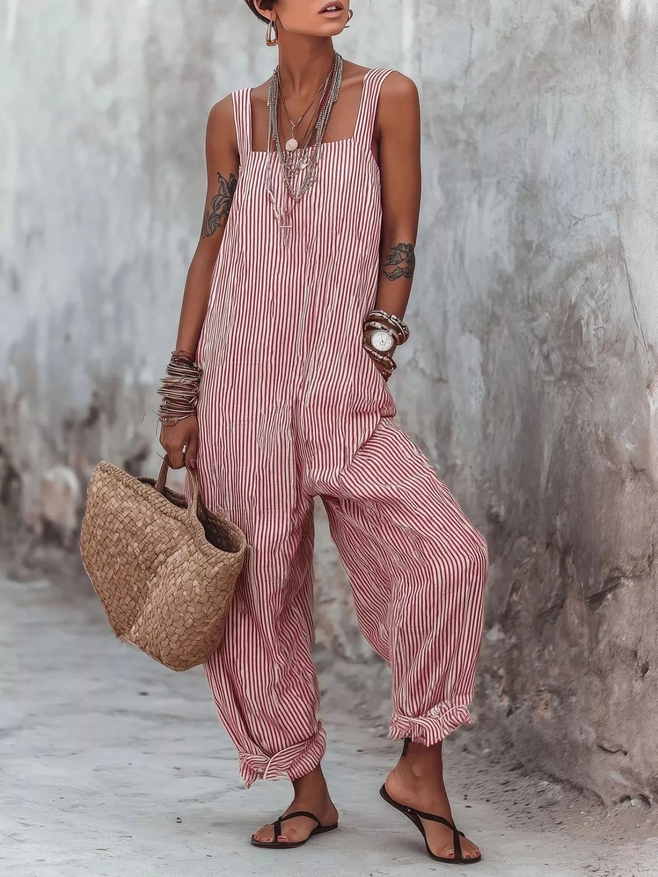 Full Size Striped Square Neck Wide Leg Jumpsuit Plus Size