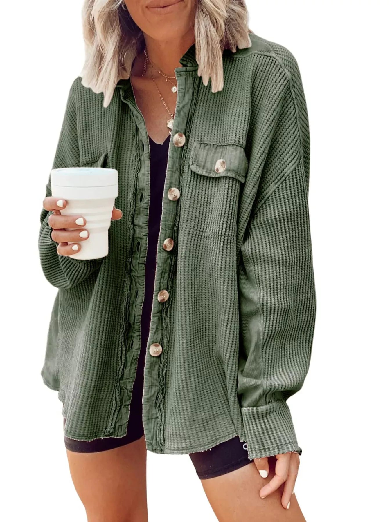 Oversized Waffle Knit Button-Up Jacket