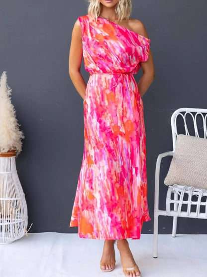 One Shoulder Printed Dress with Slit
