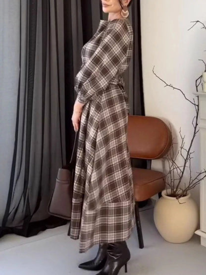 Vintage Plaid Puff Sleeve Midi Dress
