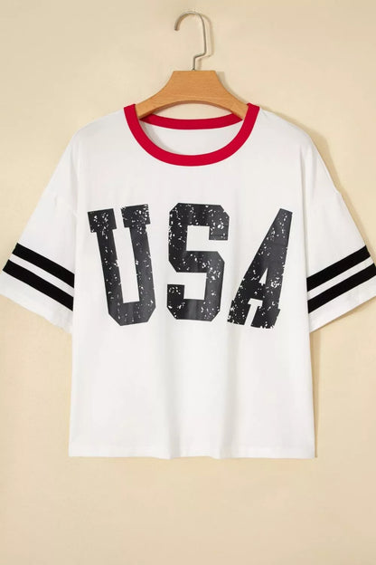USA Letter Printed Varsity Striped Sleeve Round Neck Tee