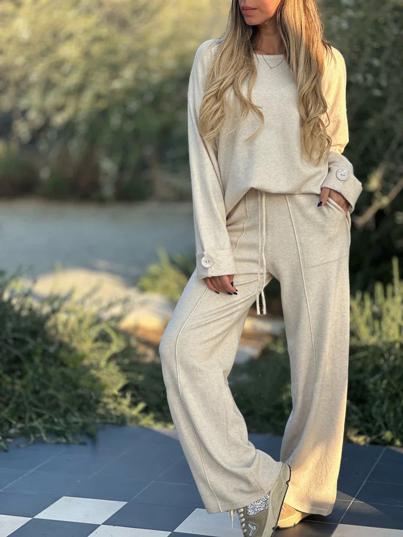 Casual Solid Color Long-Sleeved & Wide-Leg Pants Two-Piece Set